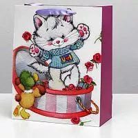 Пакет подарочный ламинир. "Котик с цветами" 26*32*12см